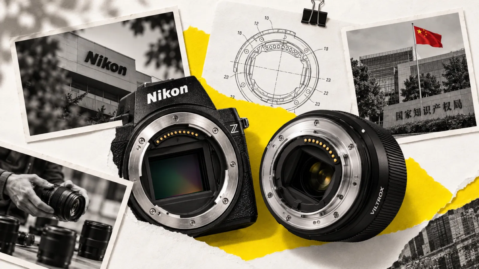 Illustration en collage photographique de l’article « Nikon perd son brevet de monture Z face à Viltrox : ce que ça change vraiment »