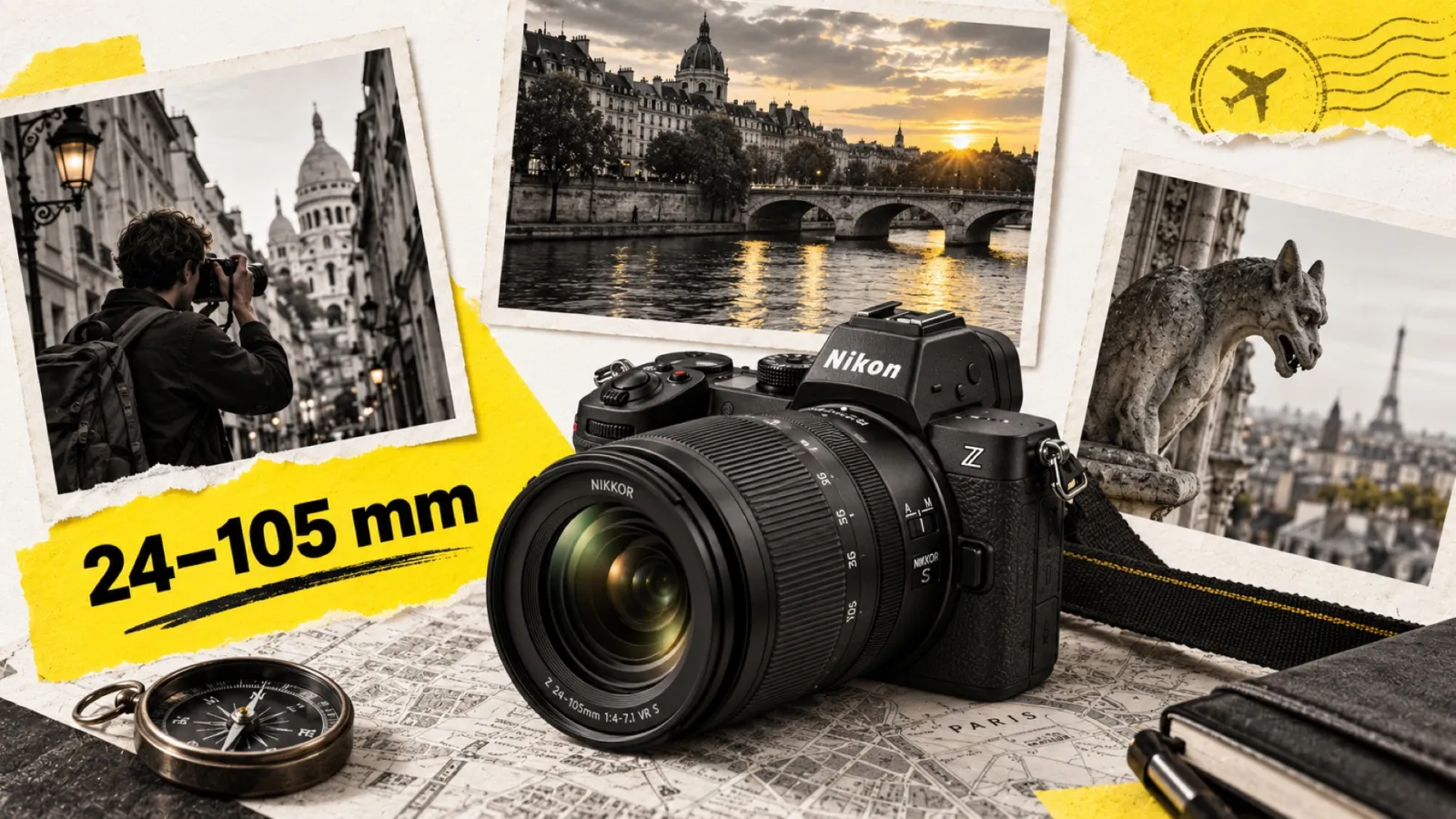 Illustration en collage photographique de l’article « Nikon Z 24-105 mm f/4-7.1 : le zoom voyage 2026 »