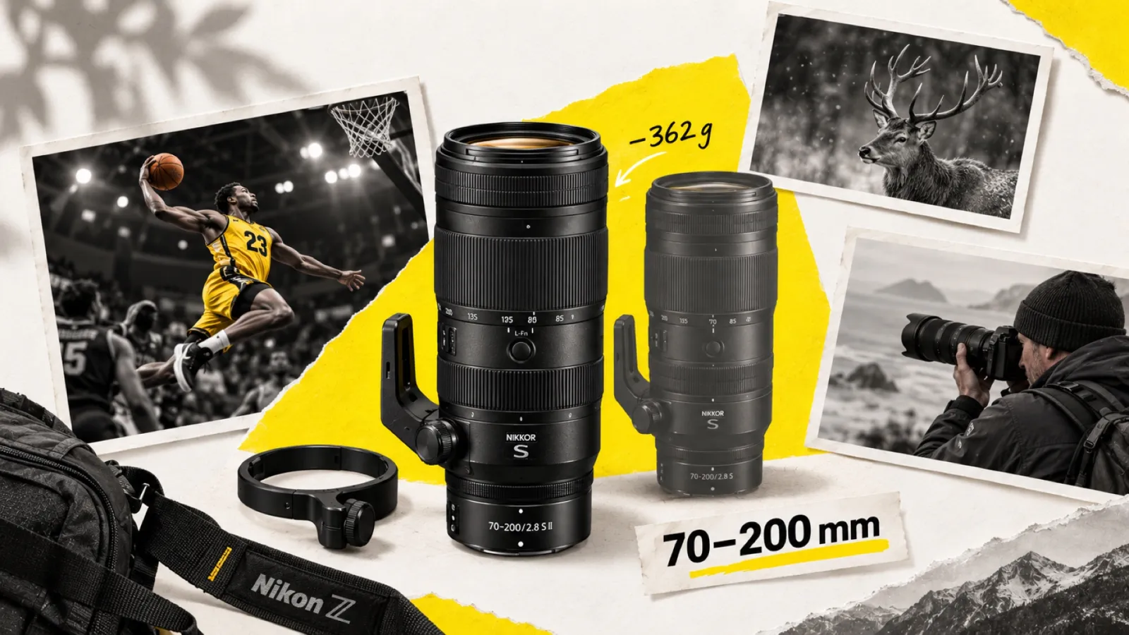 Illustration en collage photographique de l’article « Nikon Z 70-200mm f/2.8 VR S II : -26 % de poids »