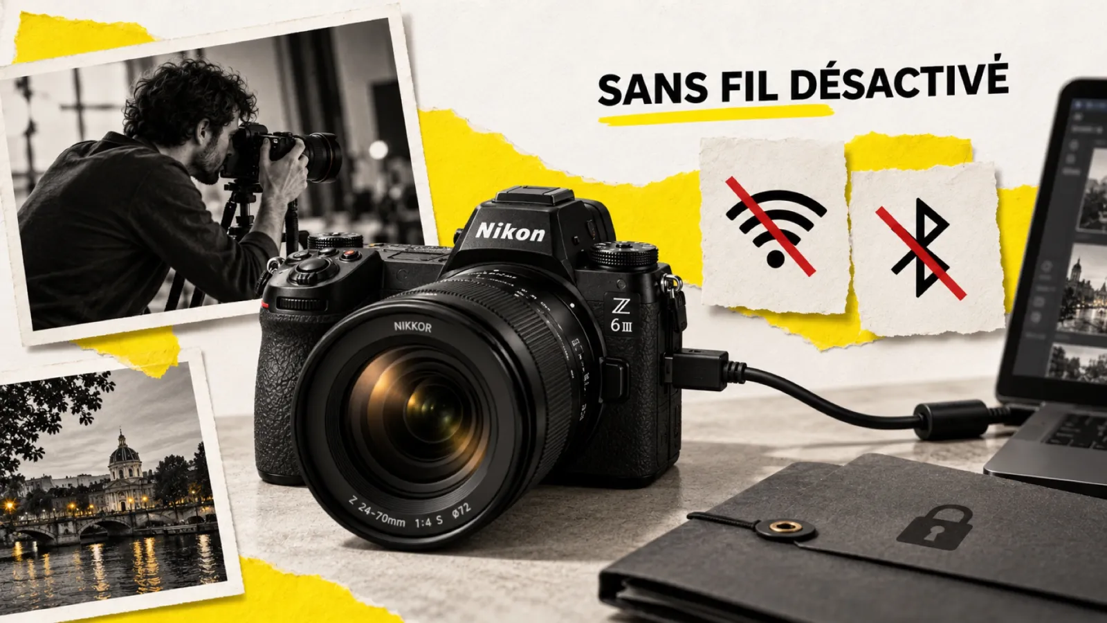 Illustration en collage photographique de l’article « Nikon vend un Z6 III sans Wi-Fi… plus cher que le modèle normal »