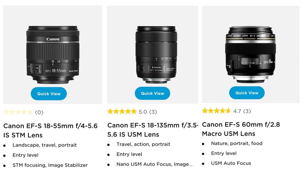 Comparaison de trois objectifs Canon EF-S avec spécifications et évaluations.