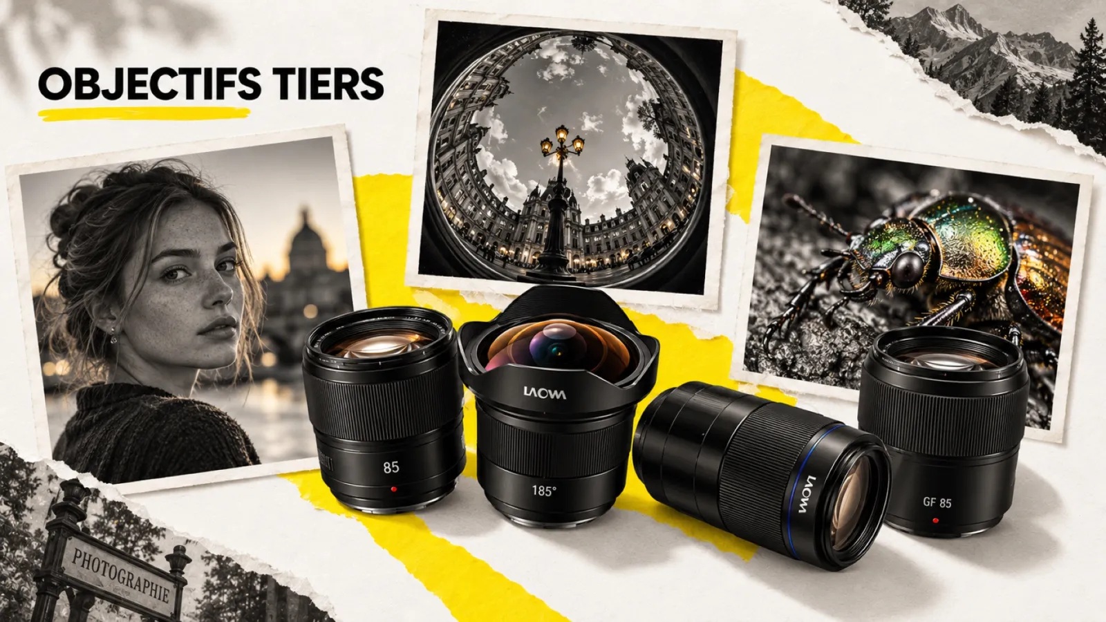 Illustration en collage photographique de l’article « Objectifs tiers, septembre 2026 : le 85 mm autofocus à 99 $, le fisheye 185° et le premier Laowa AF en Fujifilm X »