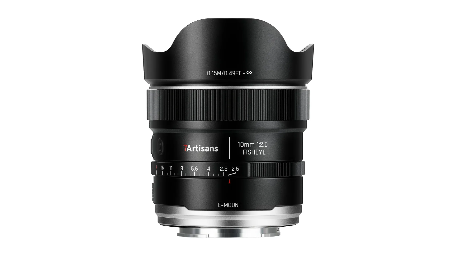 Objectif fisheye 7Artisans AF 10 mm f/2,5 en monture Sony E, vu de face