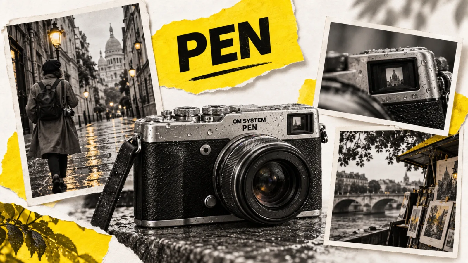 Illustration en collage photographique de l’article « OM System PEN : le PEN revient avec un viseur, à 999 € »