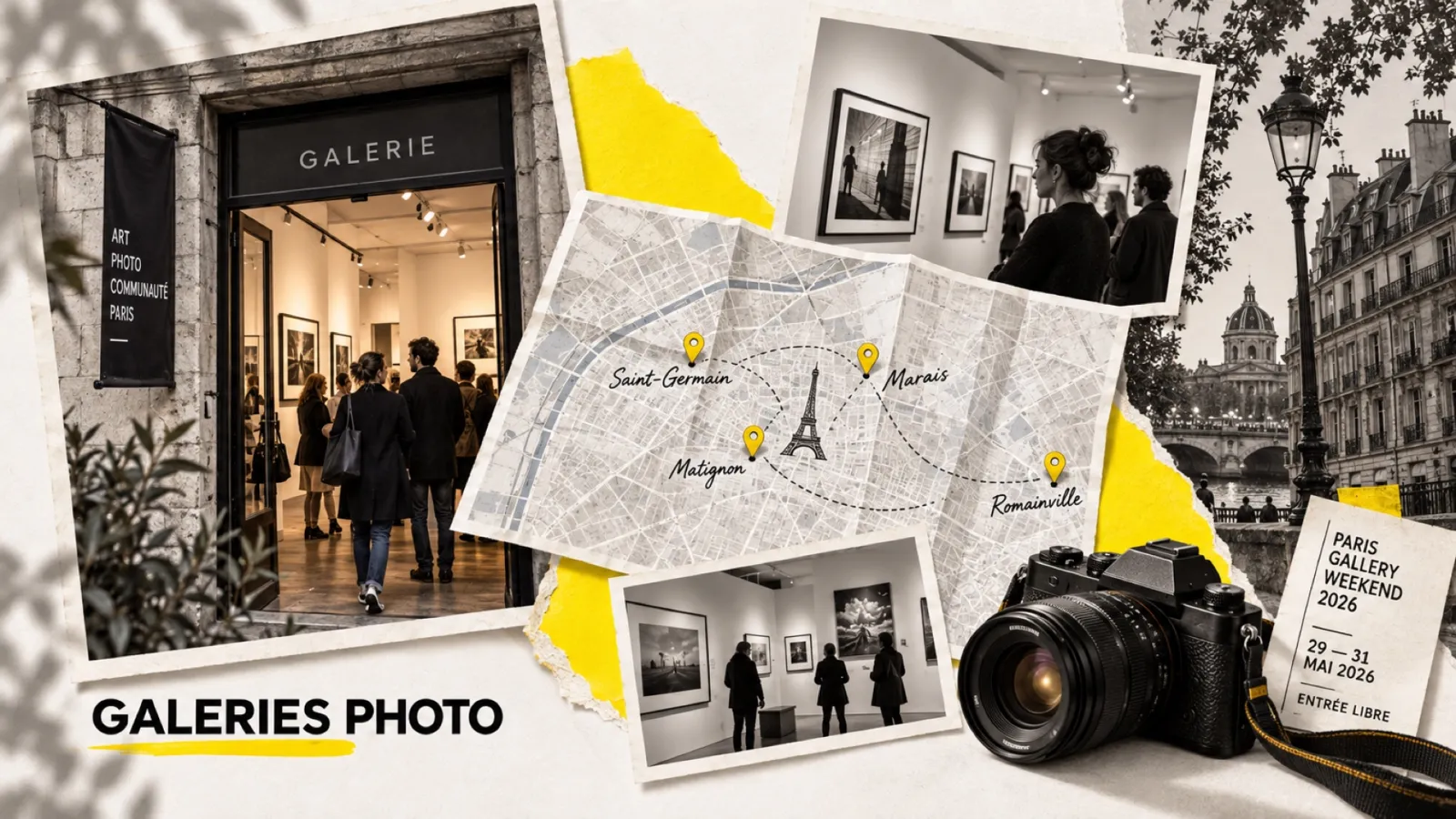 Illustration en collage photographique de l’article « Paris Gallery Weekend 2026 : trois jours gratuits dans 77 galeries franciliennes »