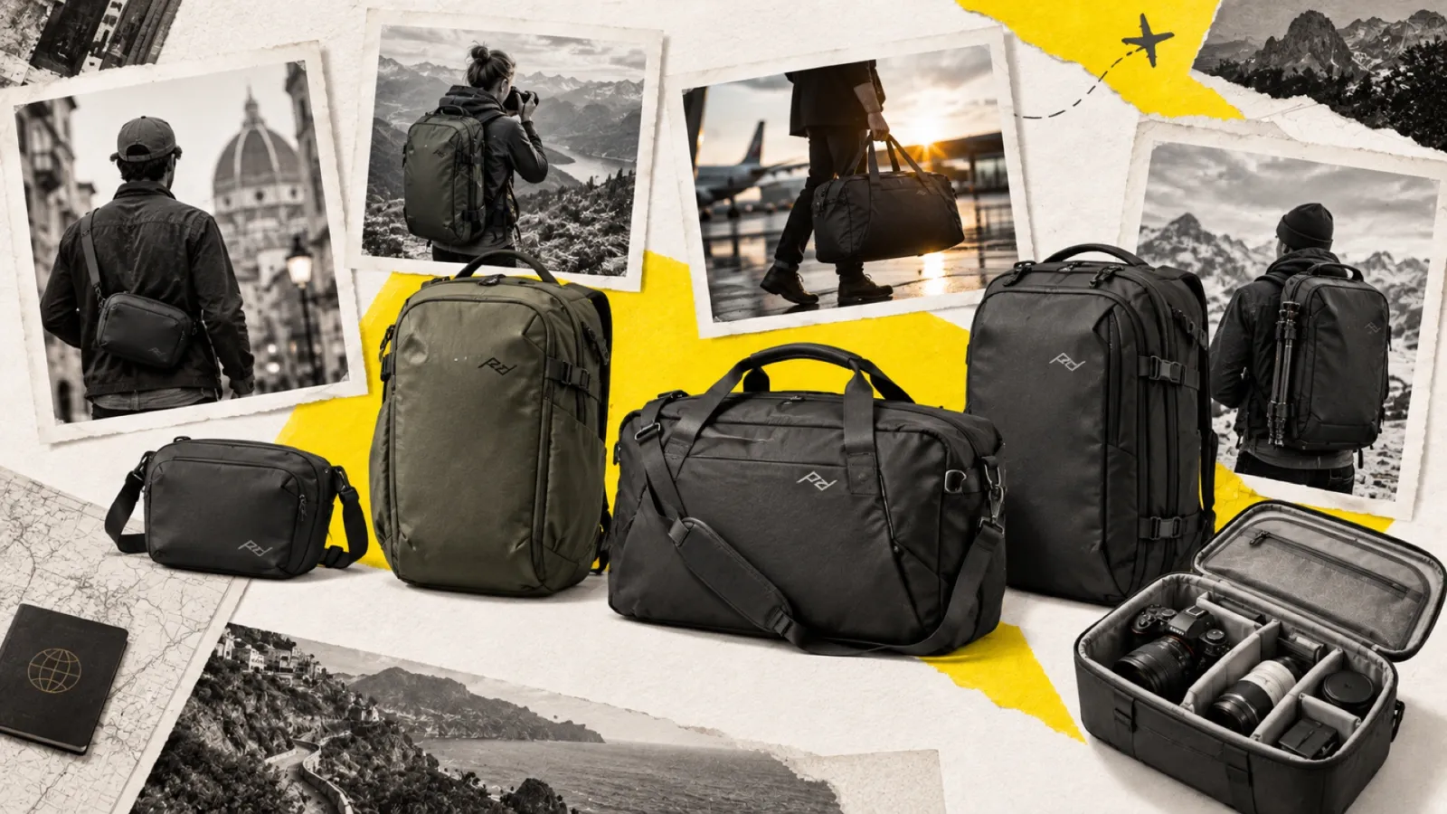 Illustration en collage photographique de l’article « Peak Design élargit sa Travel Line : 4 nouveaux sacs photo de voyage »