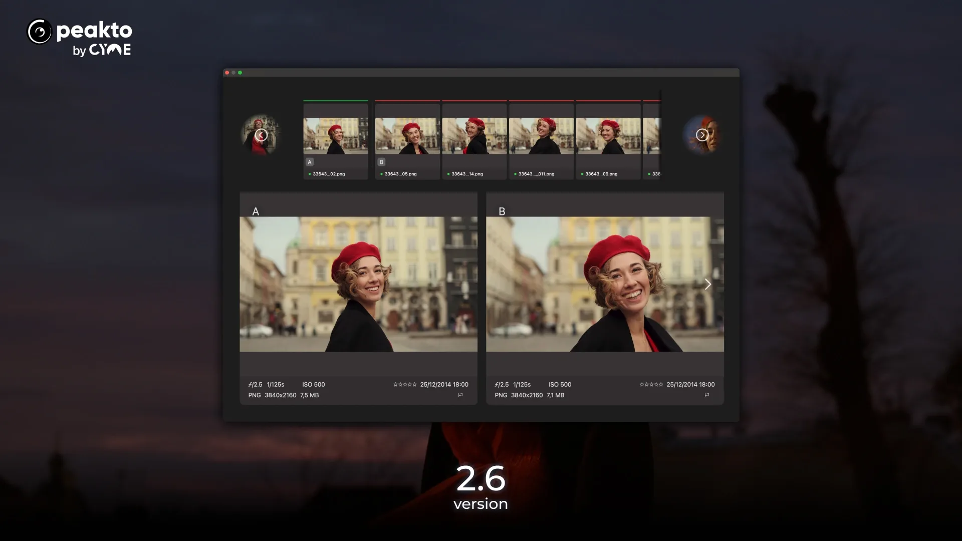 Comparaison côte à côte de deux photos quasi identiques dans Peakto 2.6, avec leurs métadonnées de prise de vue et leur poids de fichier