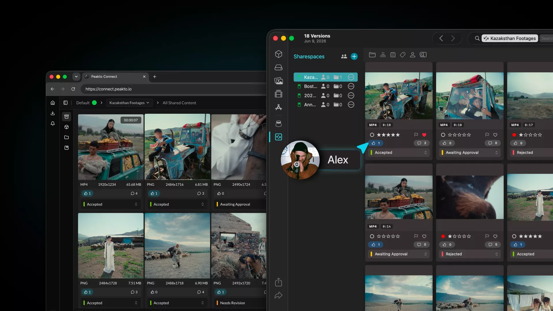 Interface web Peakto Connect ouverte dans un navigateur à côté de l'application macOS de Peakto, avec les Sharespaces et les statuts de validation des médias