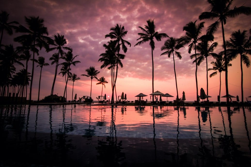 Coucher de soleil tropical avec palmiers en silhouette reflétés dans une piscine