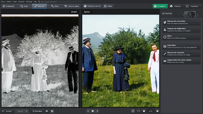 Avant et après dans PhotoGlory : à gauche le négatif noir et blanc de trois personnes dans un pré, à droite la même vue convertie en positif, restaurée et colorisée