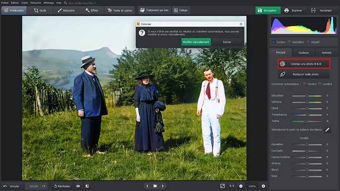 PhotoGlory, onglet Amélioration : le bouton Coloriser une photo N & B encadré en rouge, la photo colorisée et une fenêtre qui propose de modifier le résultat à la main