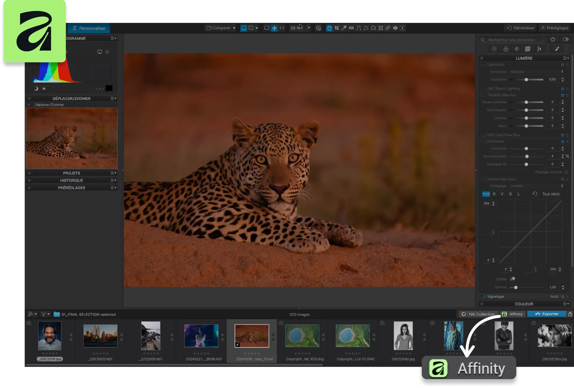 Bouton Affinity dans la barre d'exportation de DxO PhotoLab 10