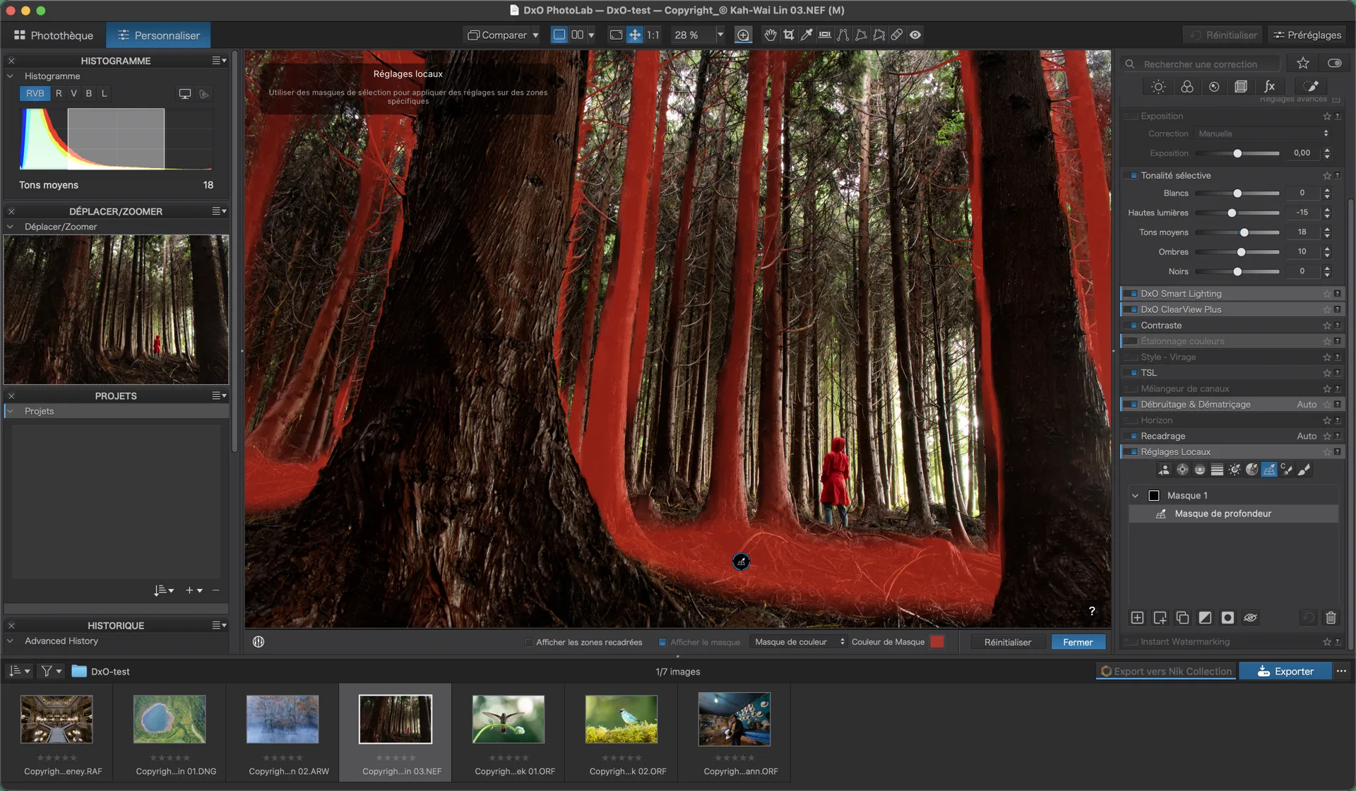 Masque de profondeur de DxO PhotoLab 10 affiché en rouge sur une forêt