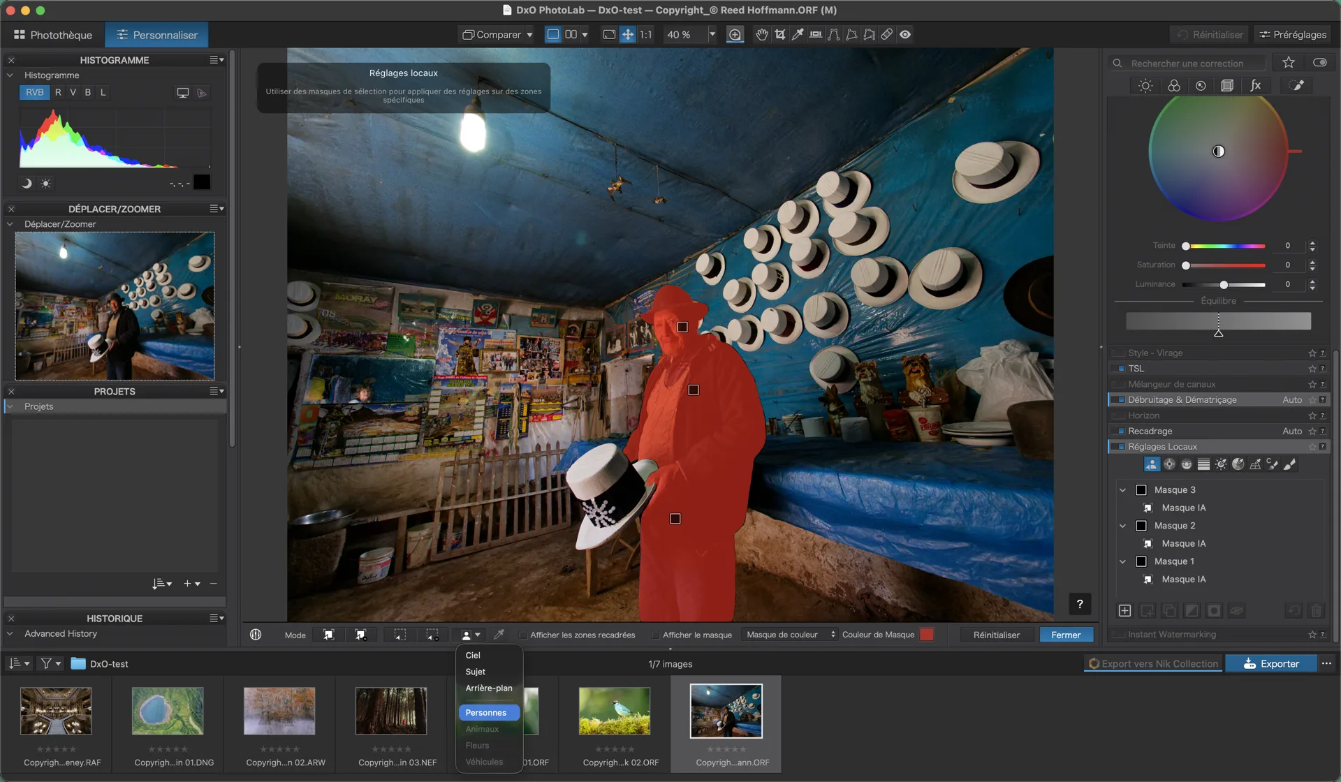 Liste des sujets détectés par les masques IA de DxO PhotoLab 10
