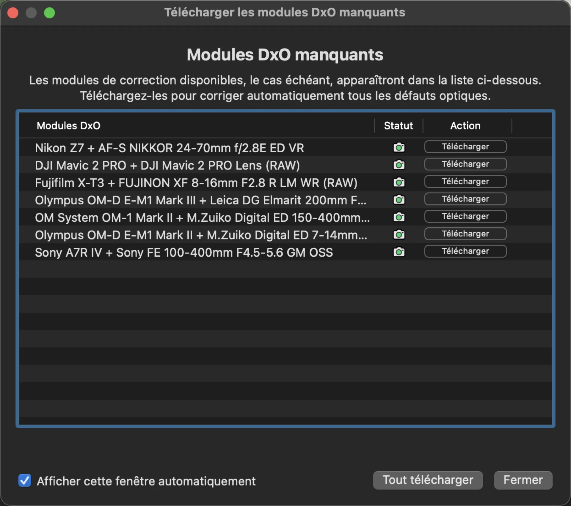 Fenêtre de téléchargement des modules optiques DxO dans PhotoLab 10