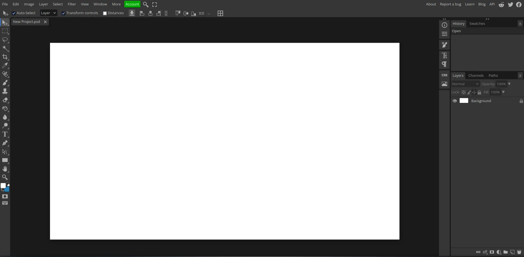 Interface de Photopea, éditeur photo dans le navigateur (outils, calques)