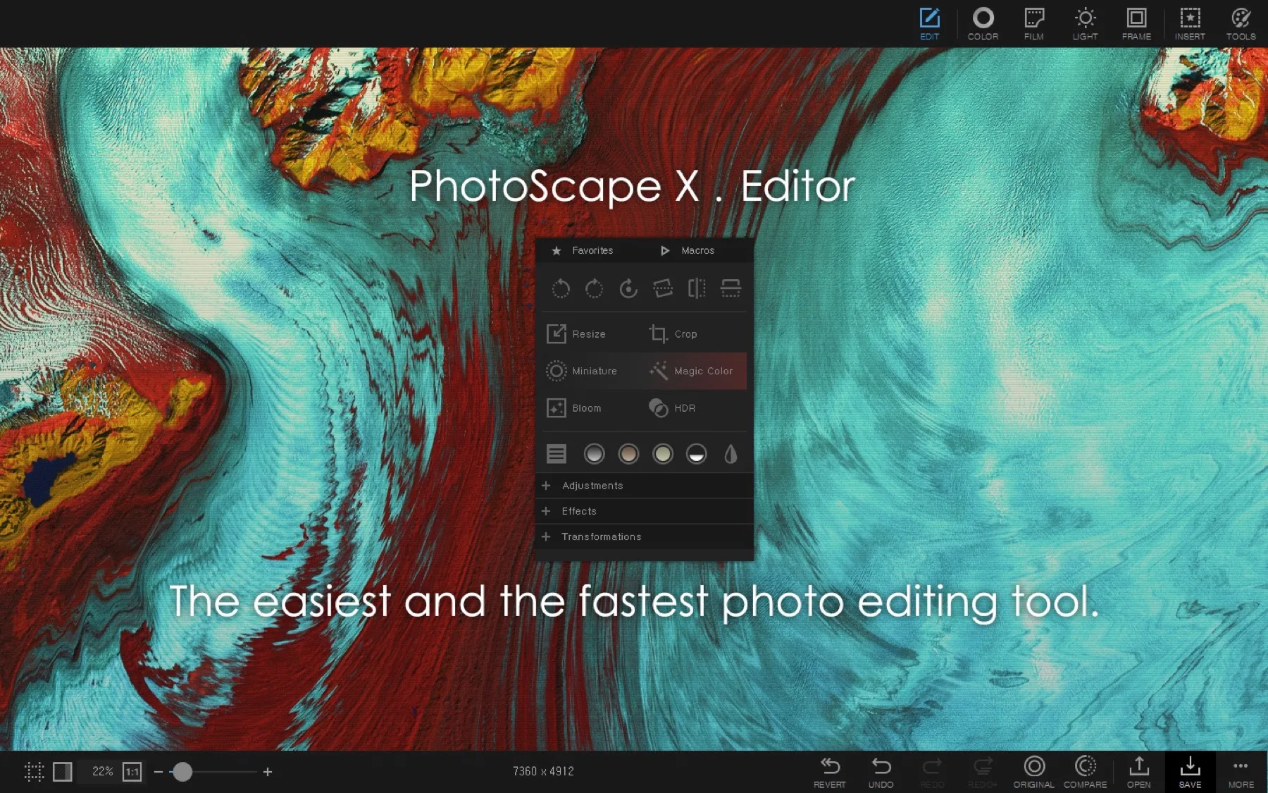 Interface de l'éditeur PhotoScape X (onglets Edit, Color, Film, outils)