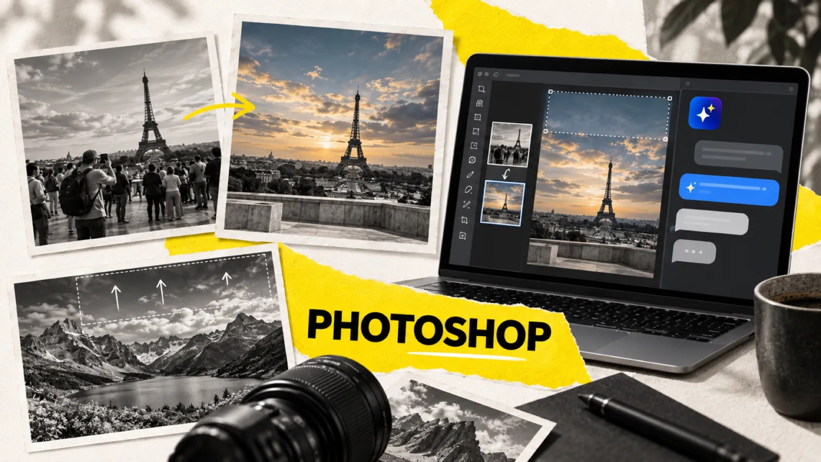 Illustration en collage photographique de l’article « Photoshop 2026 : l’assistant IA en bêta publique — tutos pratiques pour photographes »