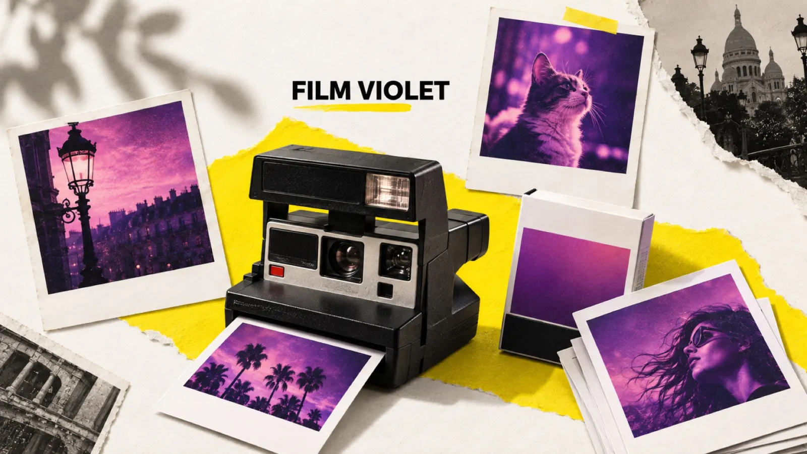 Illustration en collage photographique de l’article « Polaroid Purple 600 Film : l’instantané passe au violet psychédélique »