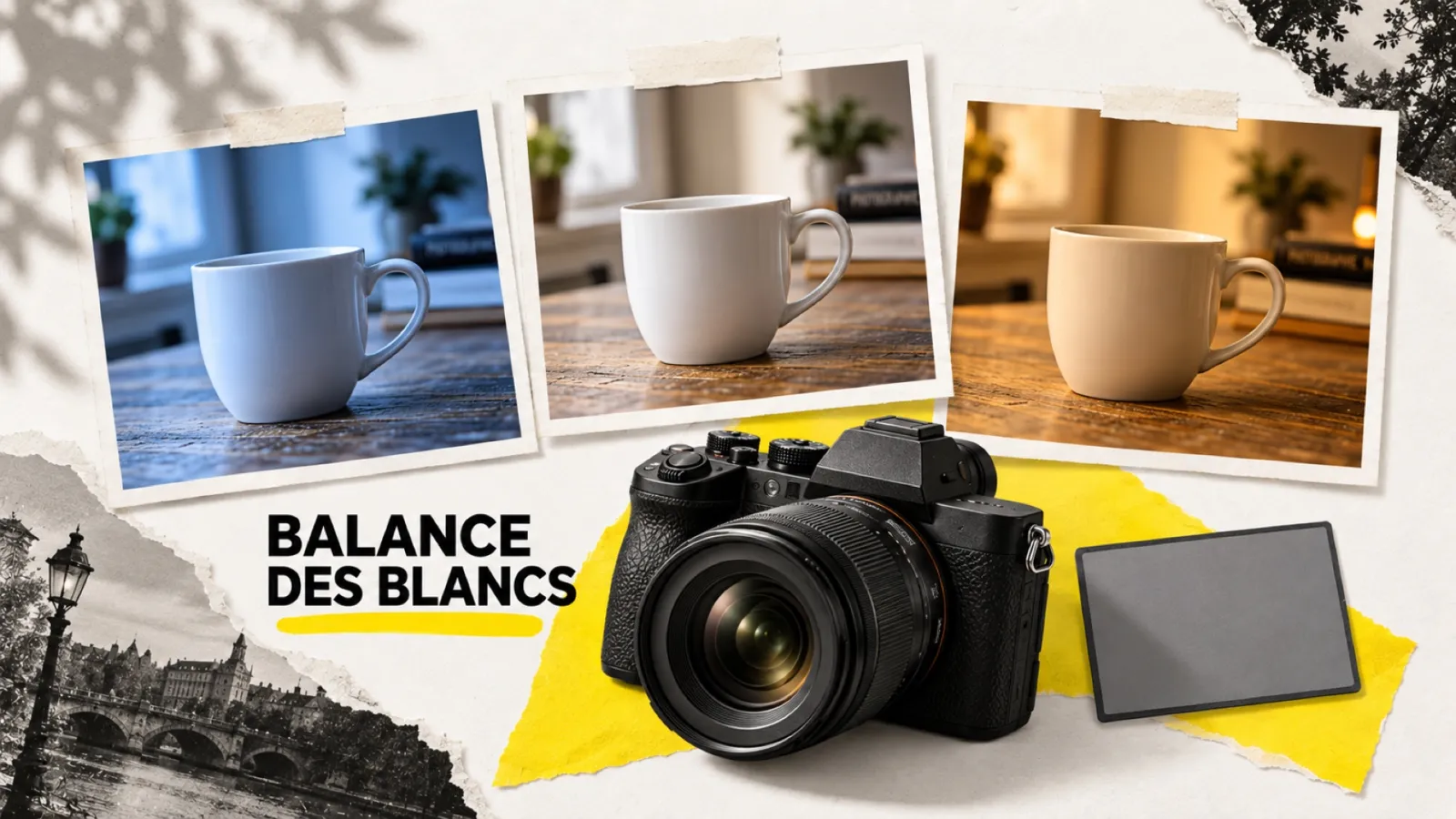 Illustration en collage photographique de l’article « Balance des blancs en photo : Kelvin, presets et réglage parfait »