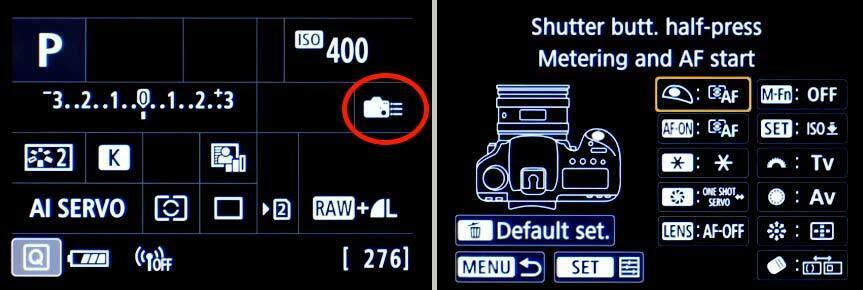 Réglage du back-button focus dans le menu de l'appareil photo