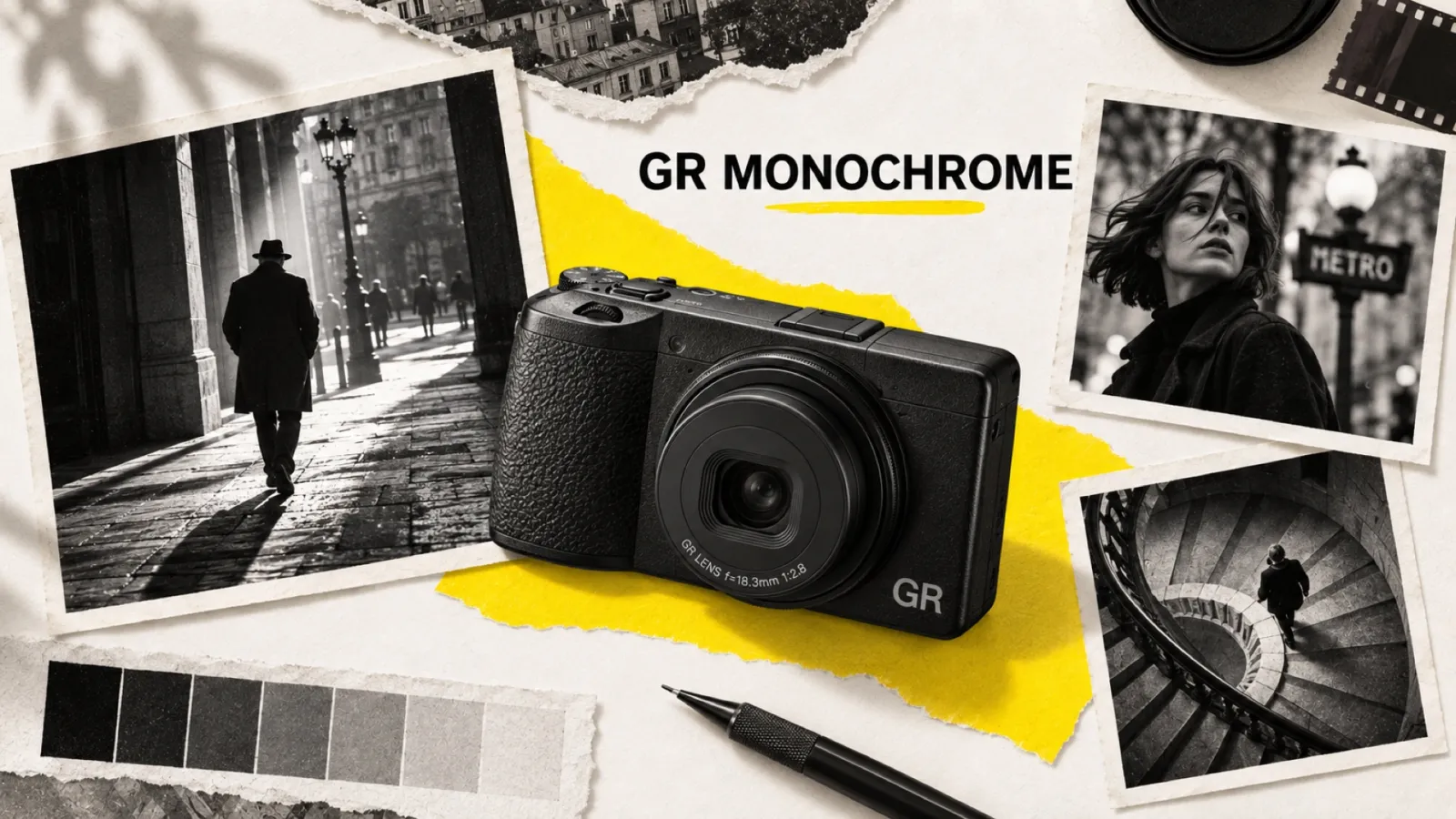 Illustration en collage photographique de l’article « Ricoh GR IV Monochrome : compact APS-C N&B en 2026 »