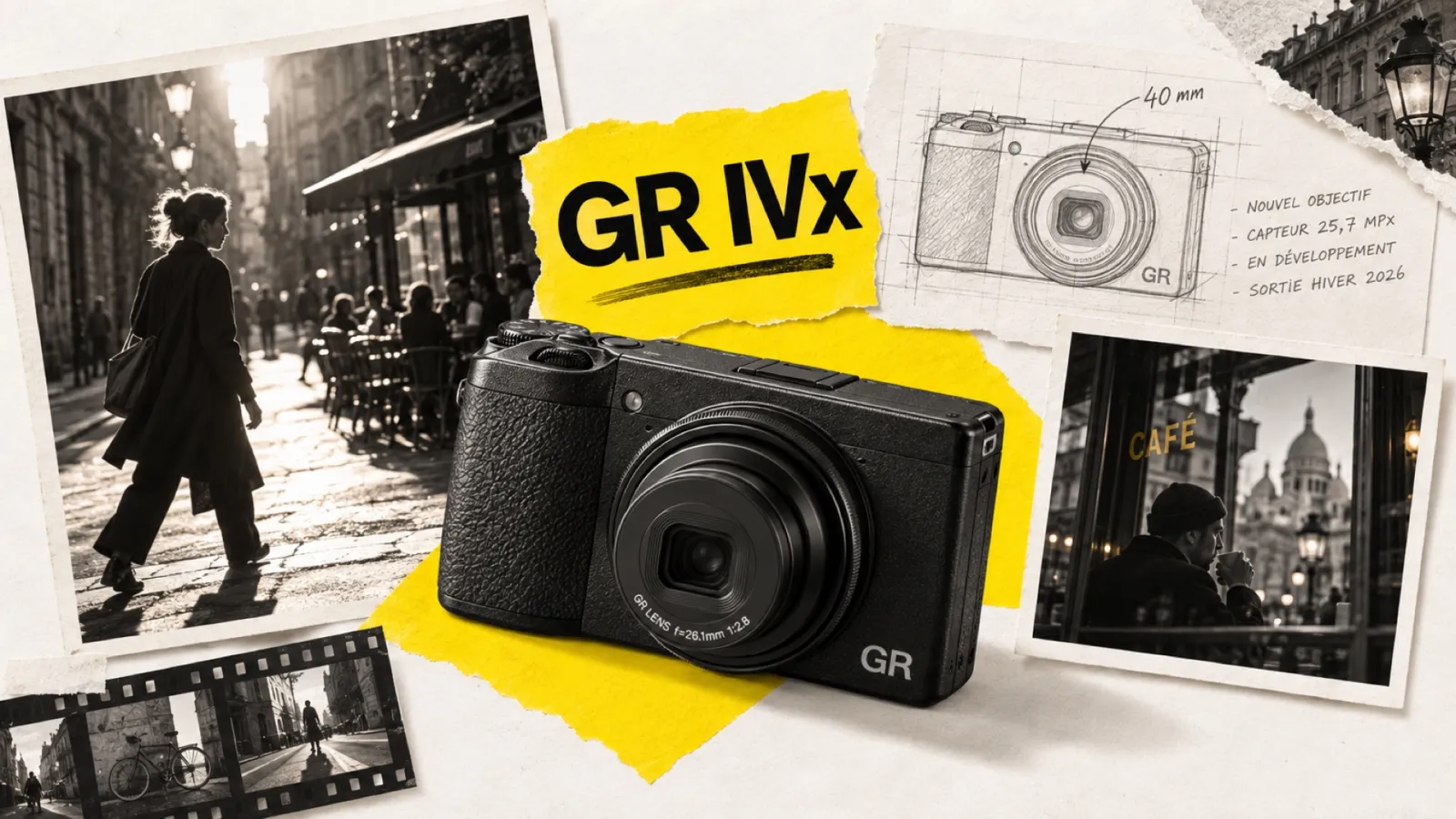 Illustration en collage photographique de l’article « Ricoh GR IVx : la variante 40 mm du GR IV est officiellement en développement »