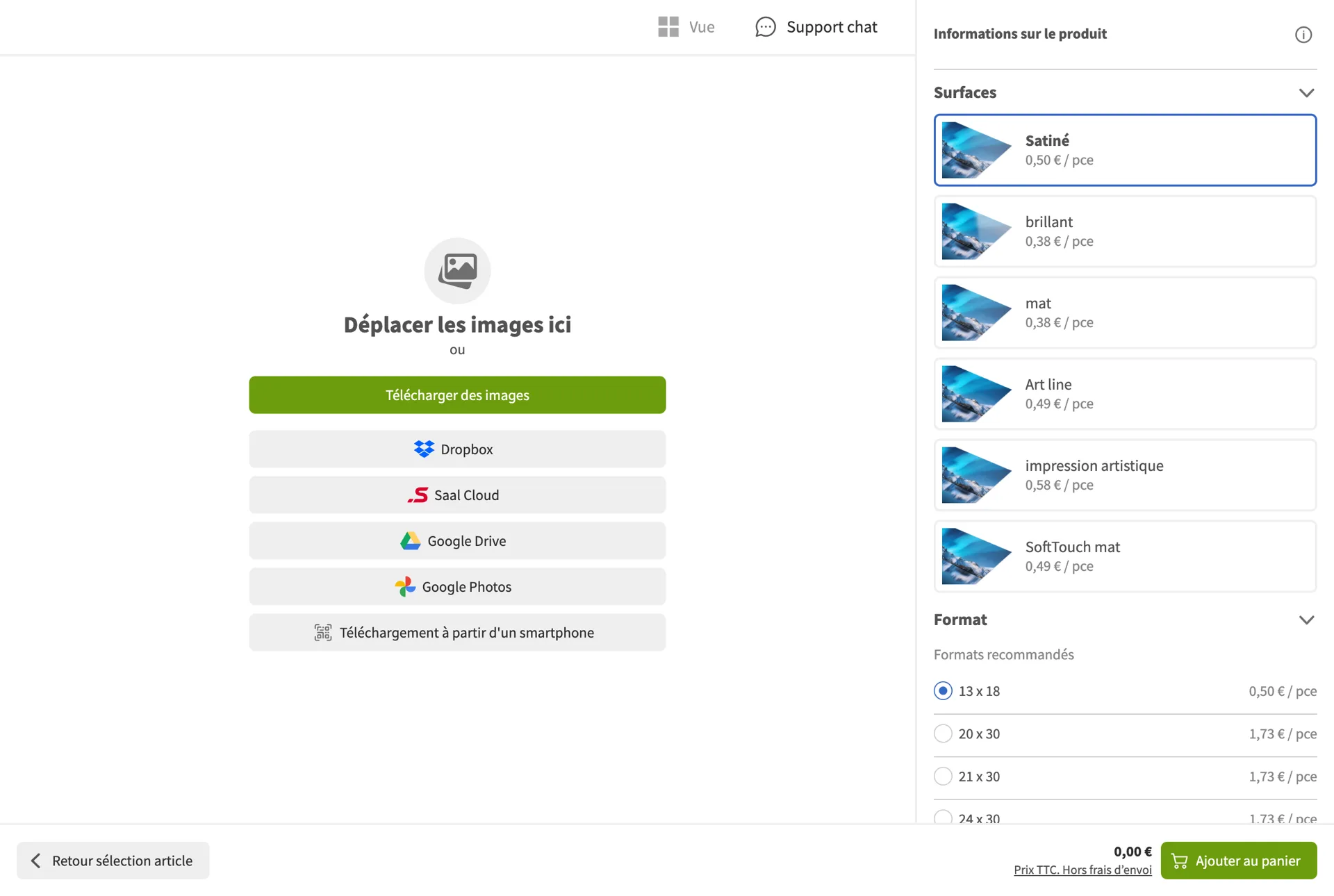 Choix de la surface d'un tirage photo dans le configurateur Saal Digital