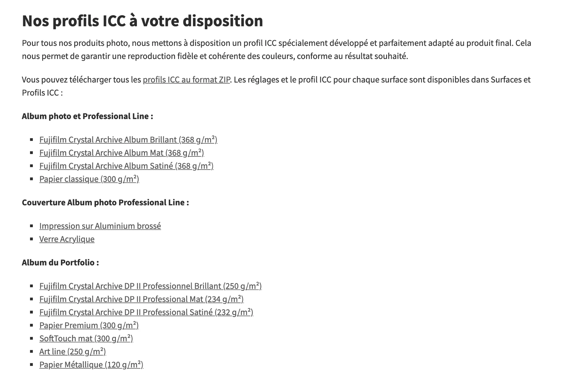 Page de téléchargement des profils ICC de Saal Digital, un profil par surface