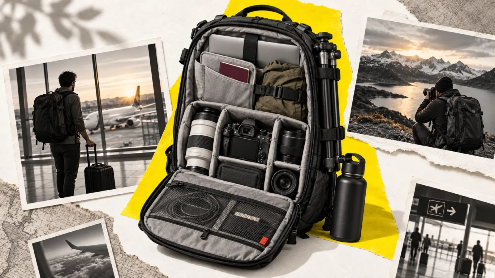 Illustration en collage photographique de l’article « Meilleur sac photo voyage en 2026 : guide d’achat par capacité et usage »