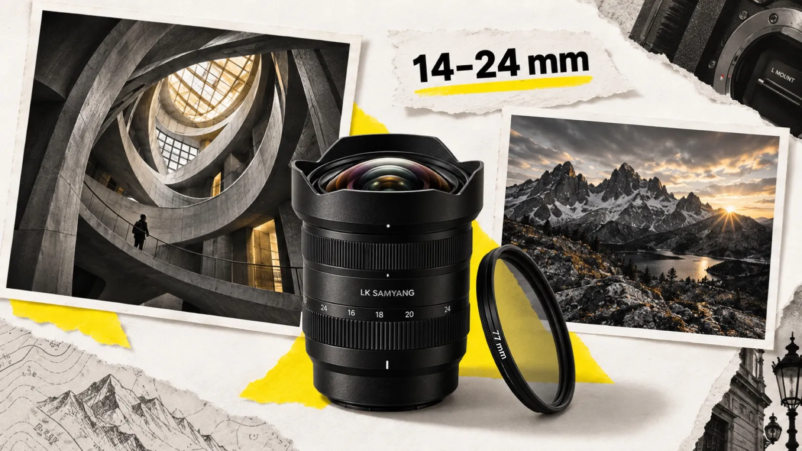 Illustration en collage photographique de l’article « LK Samyang 14-24mm f/2.8 arrive en monture L : le grand-angle ultra-léger qui défie le Sigma »