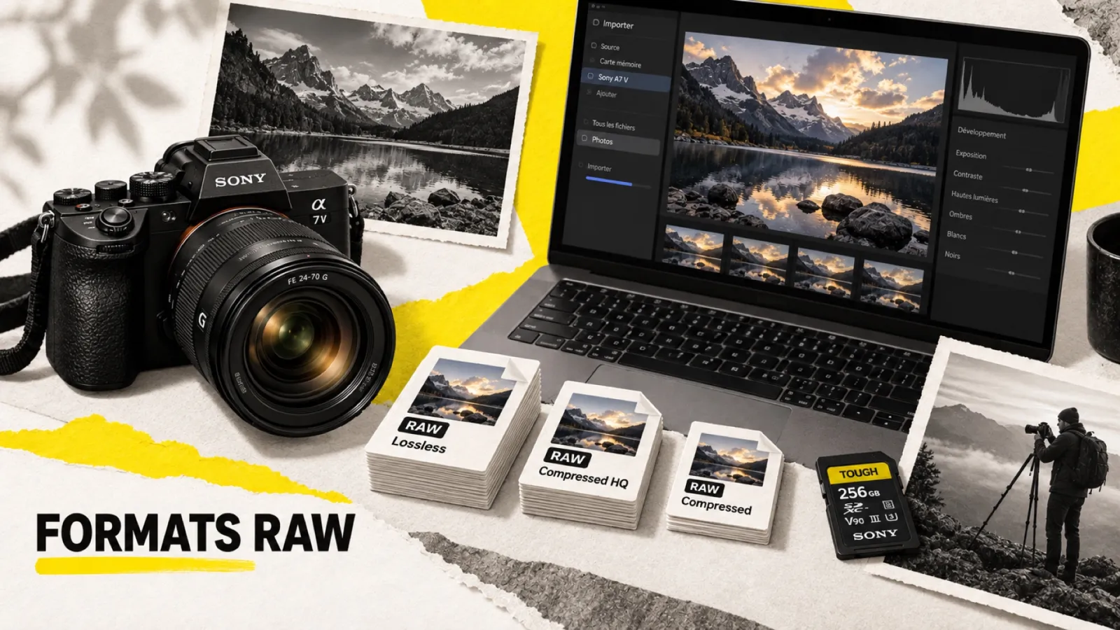 Illustration en collage photographique de l’article « Sony A7 V et le nouveau RAW compressé : impact sur le workflow »