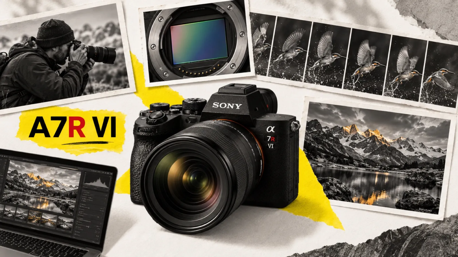 Illustration en collage photographique de l’article « Sony Alpha 7R VI : annonce officielle et preview terrain (mai 2026) »