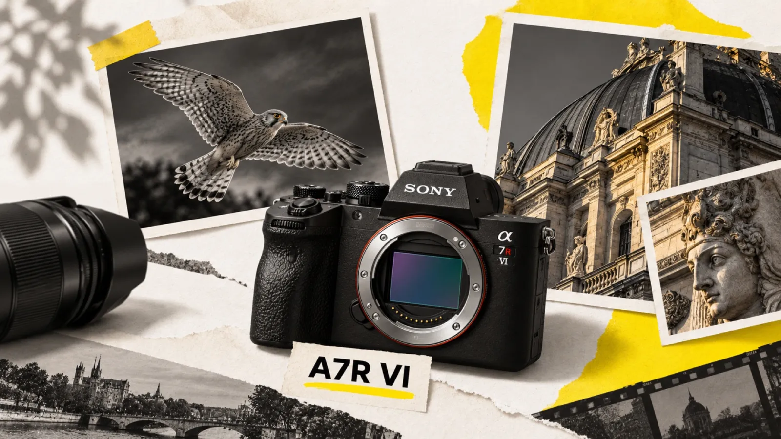 Illustration en collage photographique de l’article « Sony A7R VI : ce que cachent vraiment les specs officielles (test à chaud) »