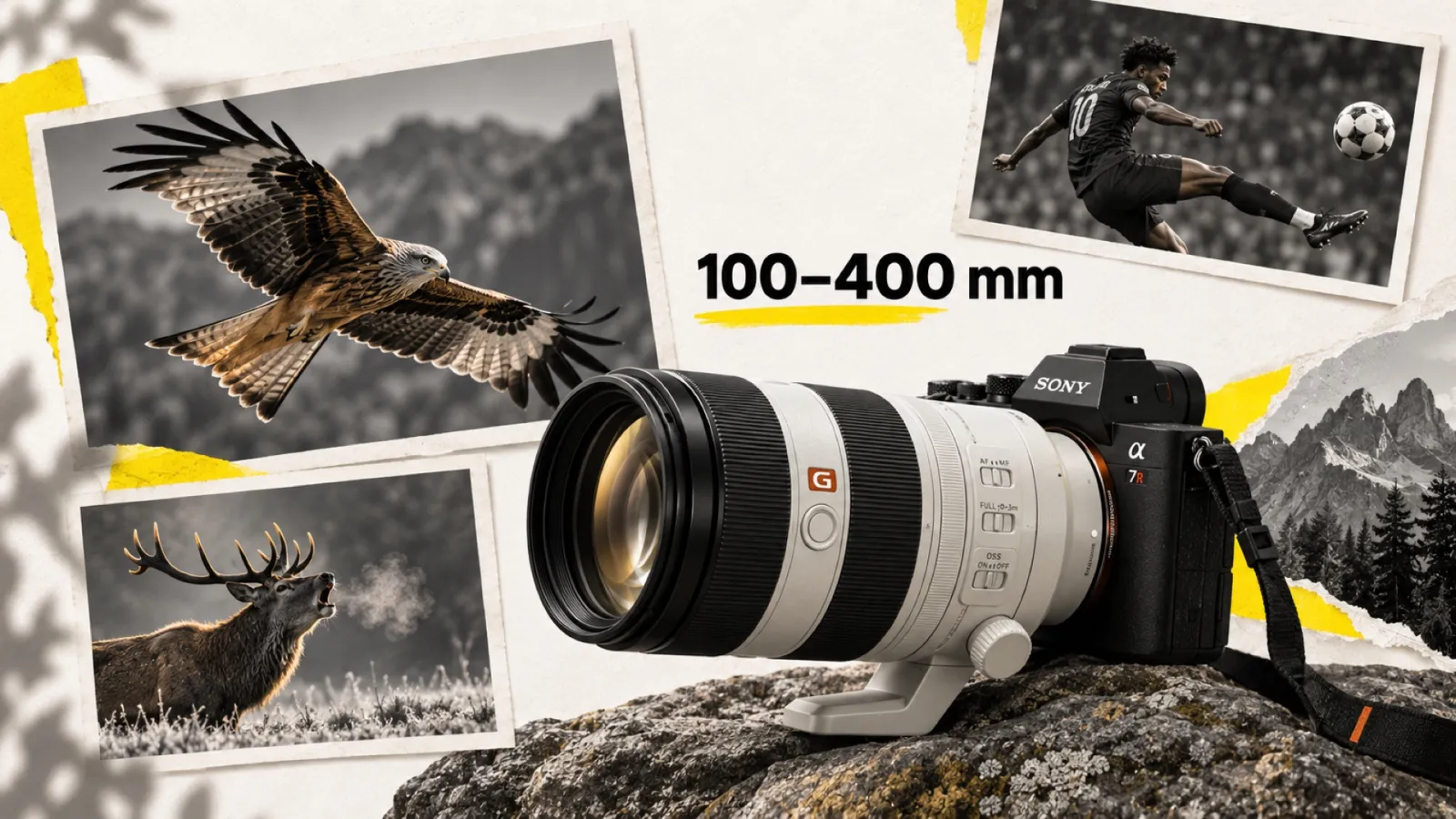 Illustration en collage photographique de l’article « Sony FE 100-400mm f/4.5 GM OSS : un télézoom à ouverture constante pour le sport et l’animalier »