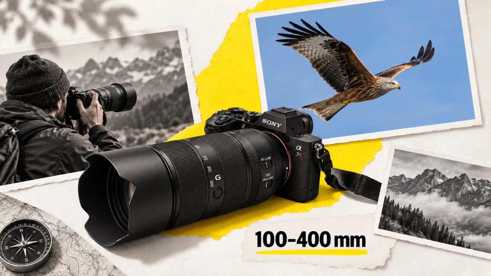 Illustration en collage photographique de l’article « Sony FE 100-400 mm f/5.6-8 OSS : le 400 mm plein format passe sous les 1 000 € »