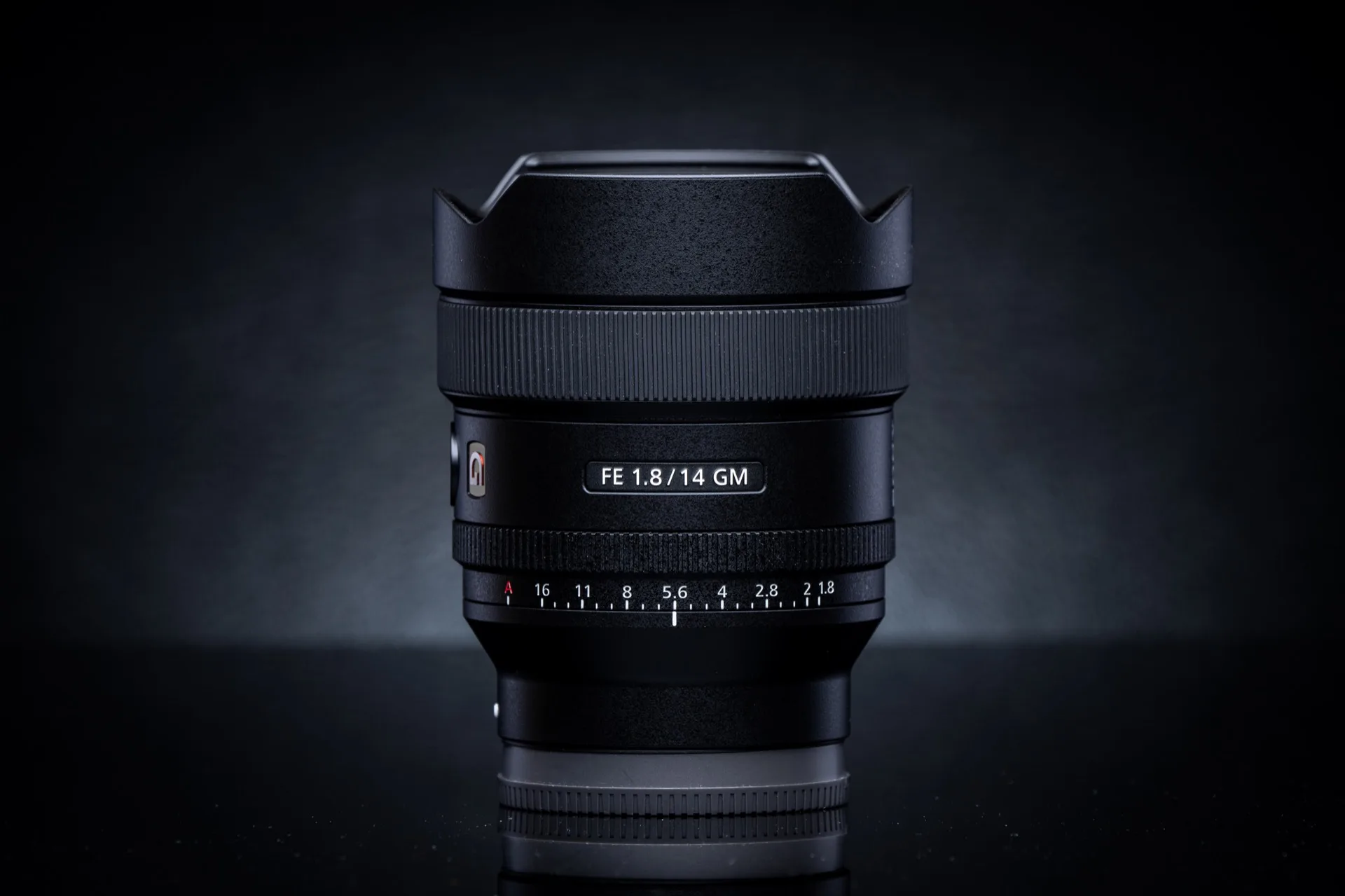 Objectif Sony FE 14mm f/1.8 GM sur fond neutre