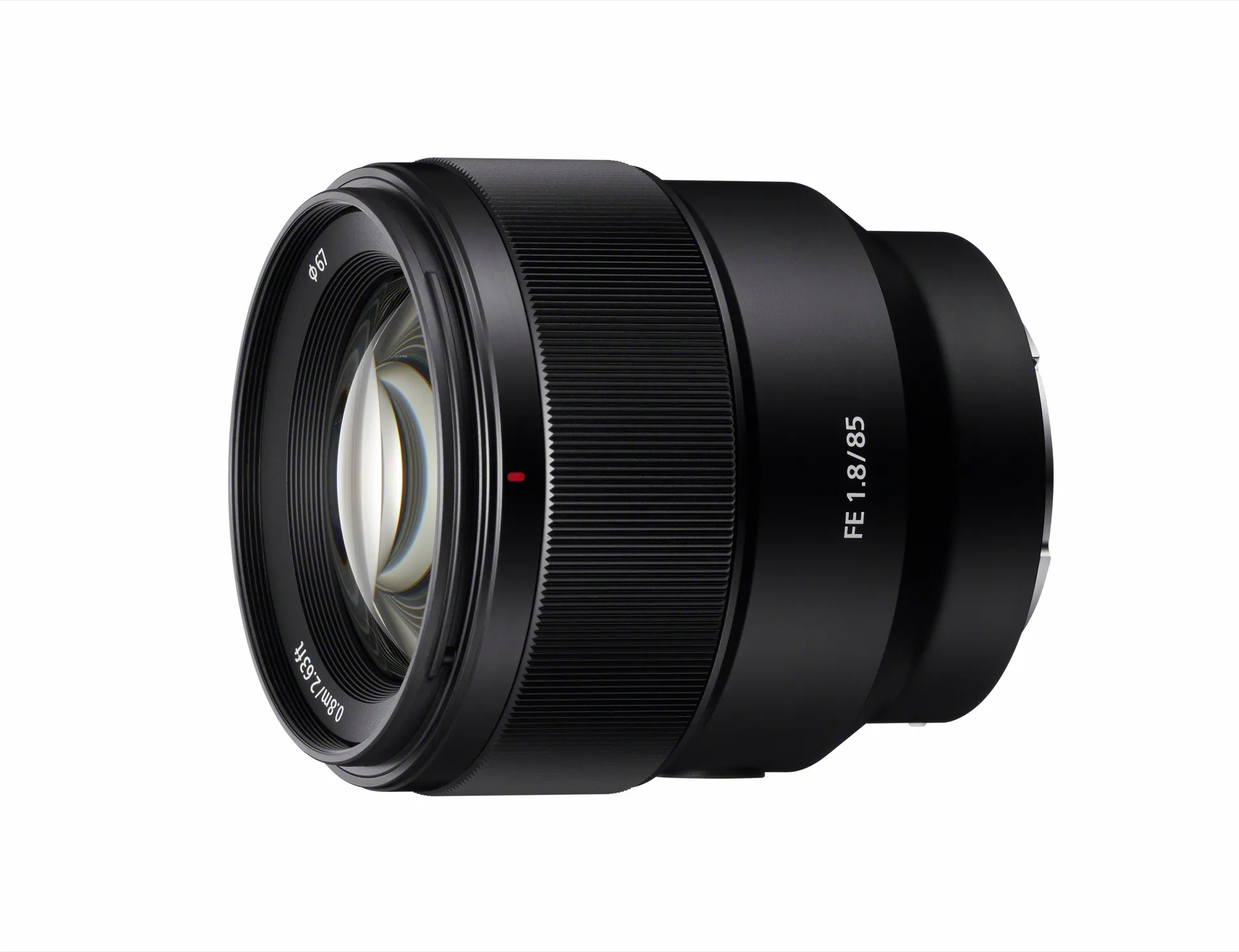 Objectif Sony FE 85mm f/1.8 sur fond blanc