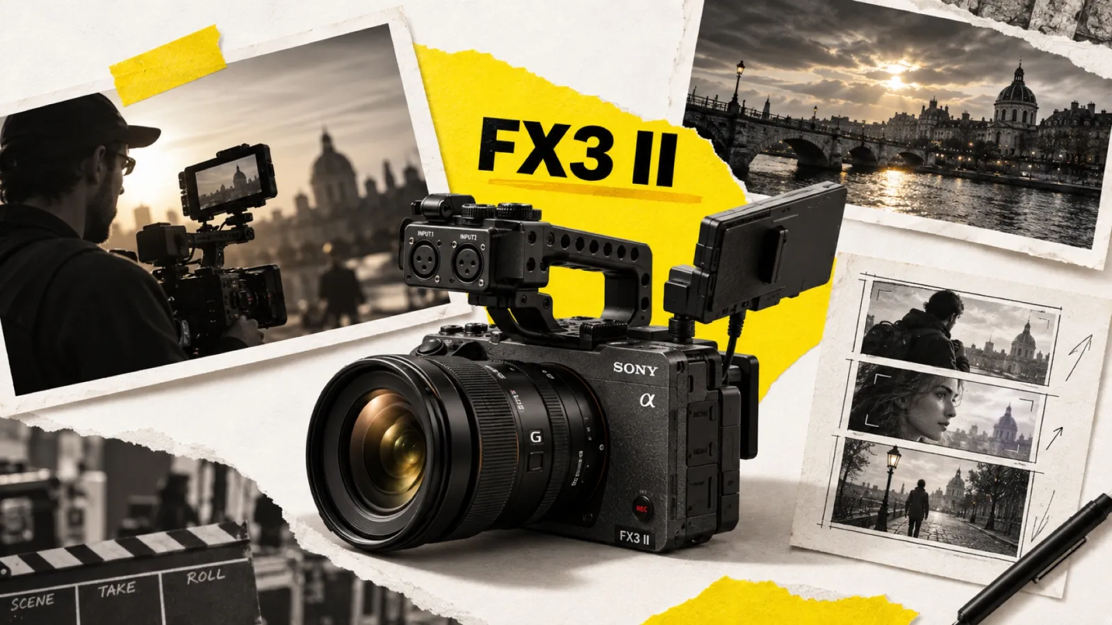 Illustration en collage photographique de l’article « Sony FX3 II : l’hybride vidéo Sony de 2026 »