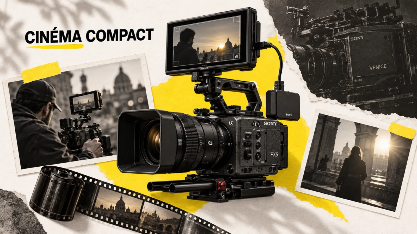 Illustration en collage photographique de l’article « Sony FX5 : la caméra cinéma compacte qui hérite du workflow Venice »