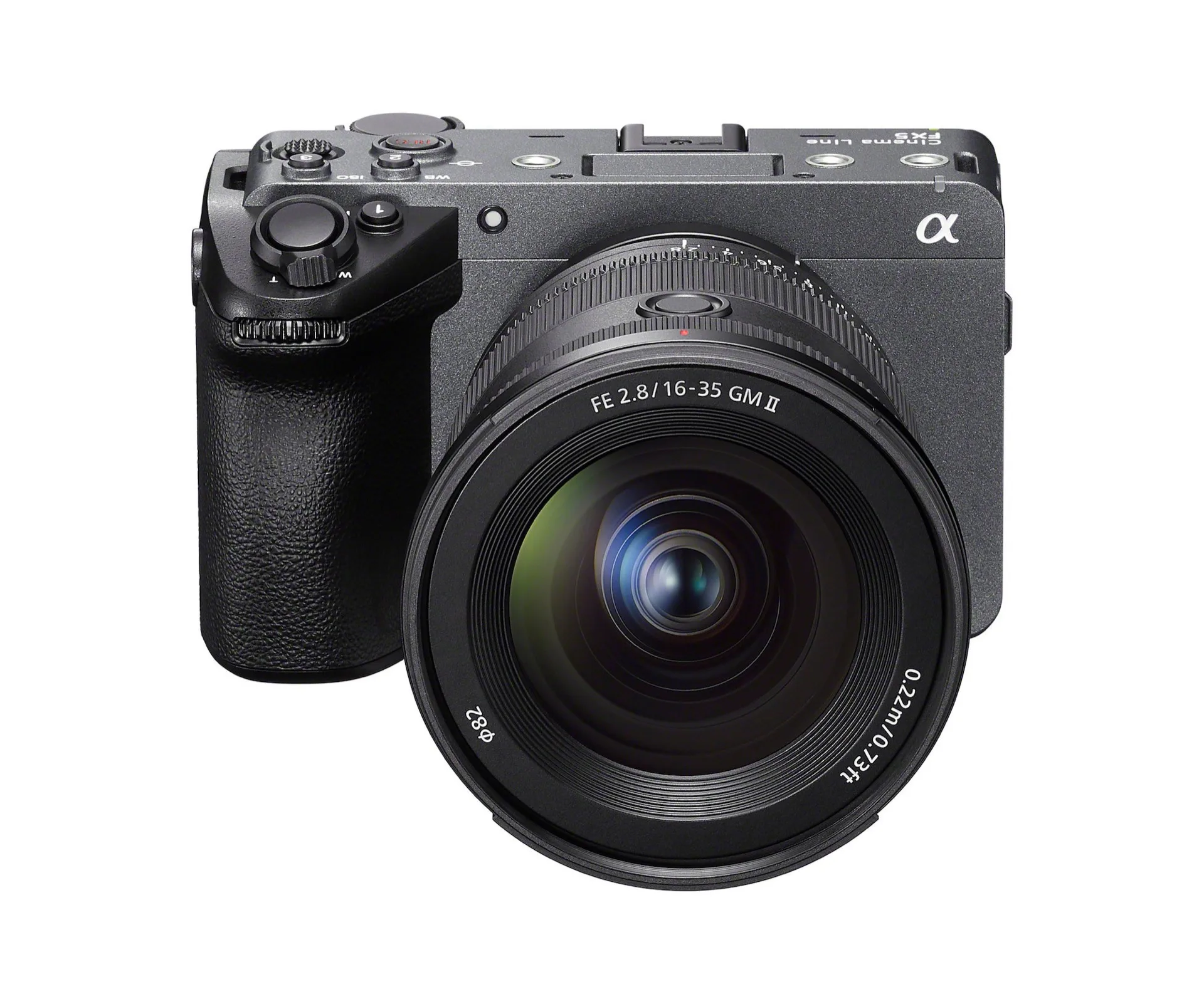 Caméra Sony FX5 avec objectif 16-35 mm GM II, vue de trois quarts avant
