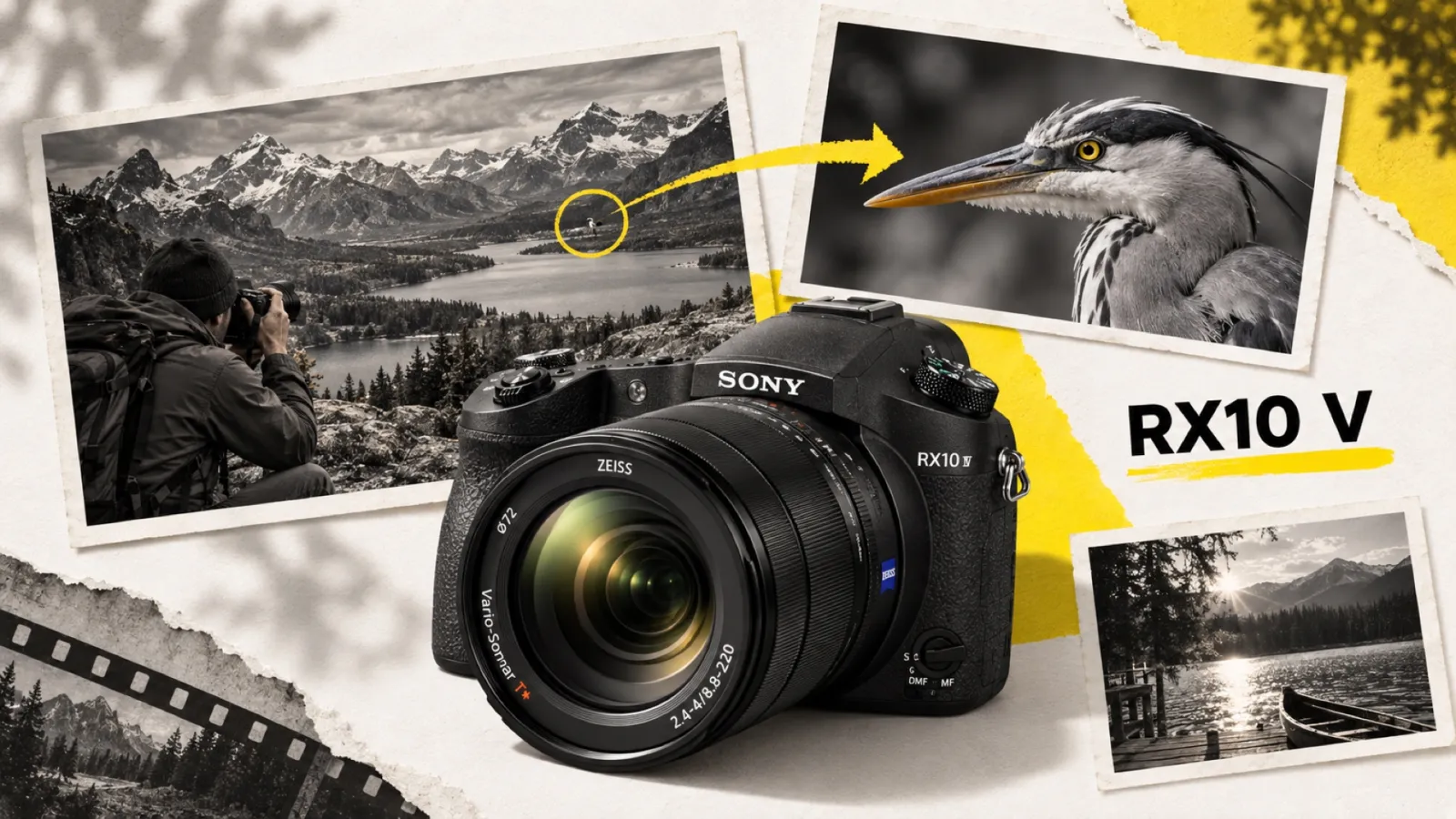 Illustration en collage photographique de l’article « Sony RX10 V officiel : le bridge 24-600 mm revient à 2 499 €, modernisé mais fidèle à 2016 »