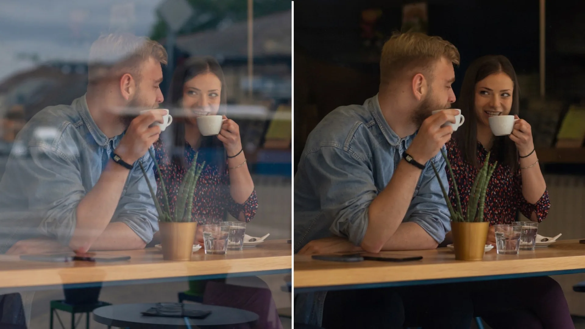 Avant/après de la suppression des reflets d'une vitre : scène photographiée à travers la vitrine d'un café
