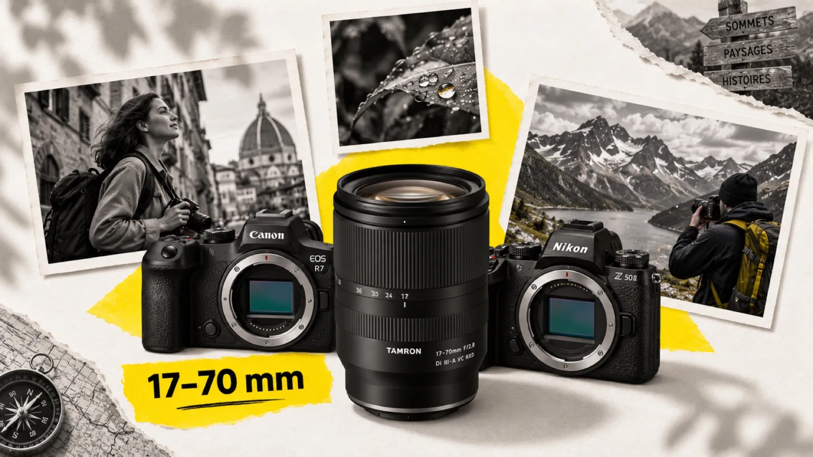 Illustration en collage photographique de l’article « Tamron 17-70mm f/2.8 : le zoom standard APS-C débarque enfin en Canon RF et Nikon Z »