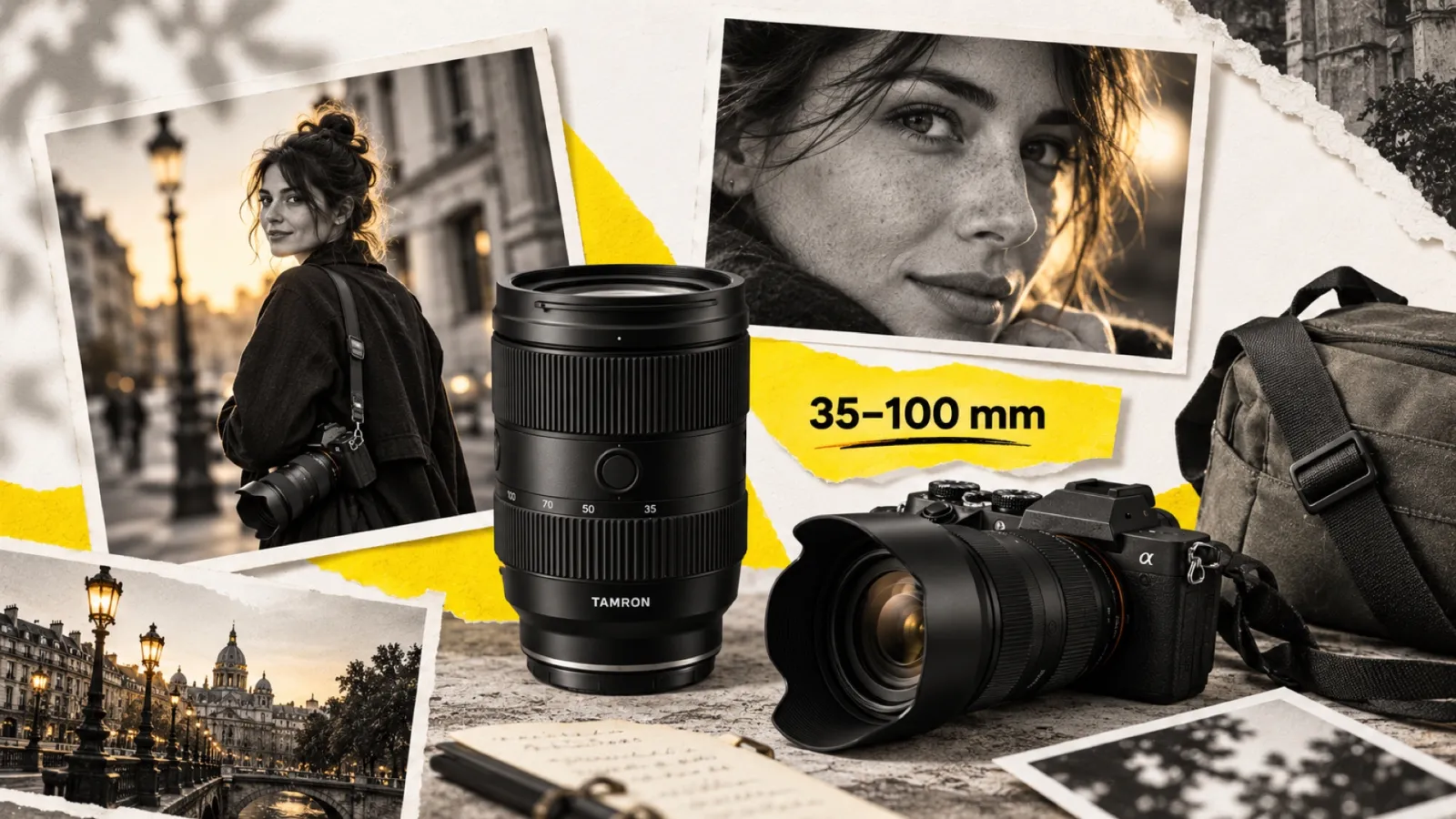 Illustration en collage photographique de l’article « Tamron 35-100mm f/2.8 Di III VXD : le zoom portrait compact qui change la donne »
