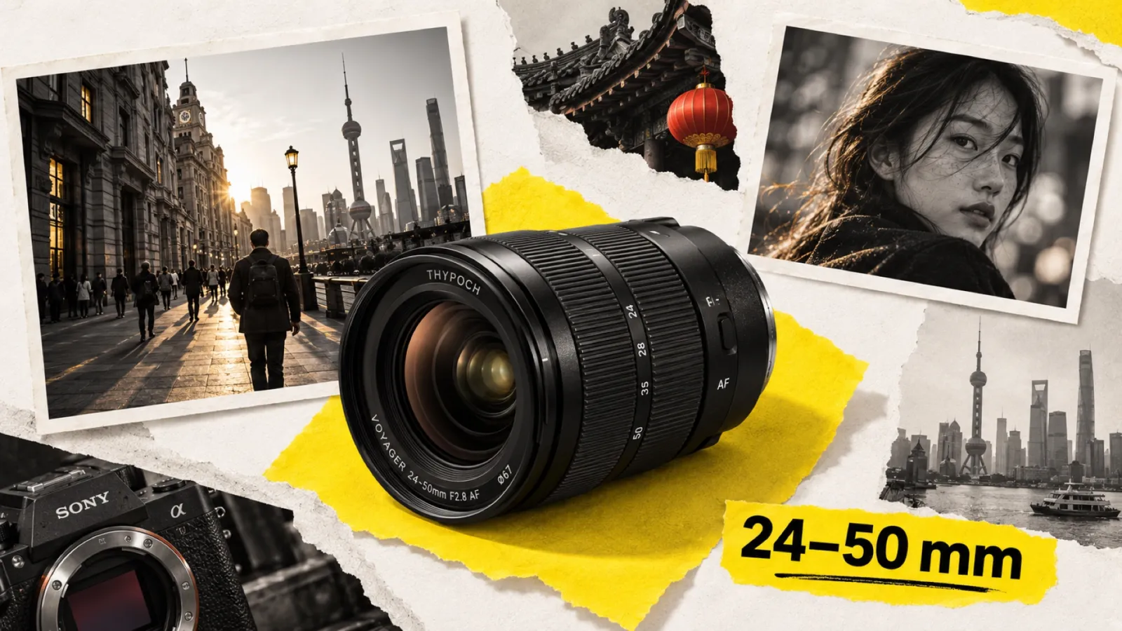 Illustration en collage photographique de l’article « Thypoch Voyager 24-50mm f/2.8 AF : la Chine entre dans le zoom autofocus »