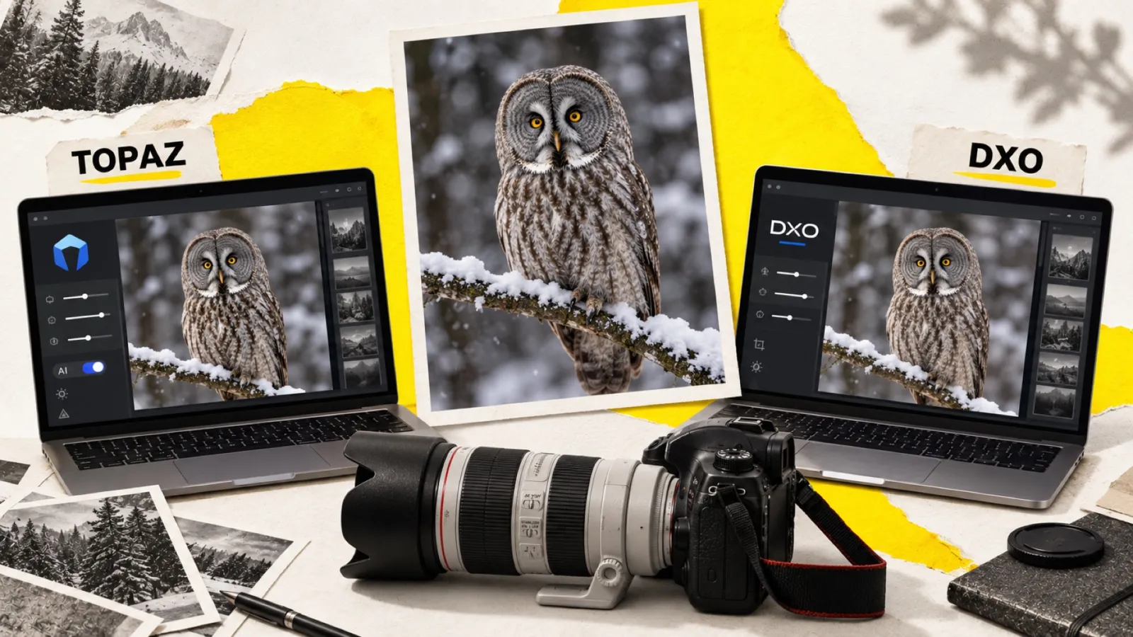Illustration en collage photographique de l’article « Topaz DeNoise AI vs DxO PureRaw »