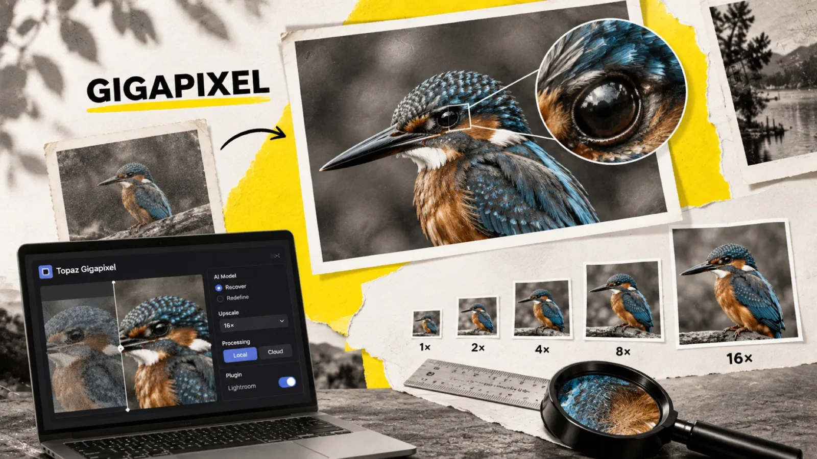 Illustration en collage photographique de l’article « Topaz Gigapixel : test complet — avis, modèles et prix »