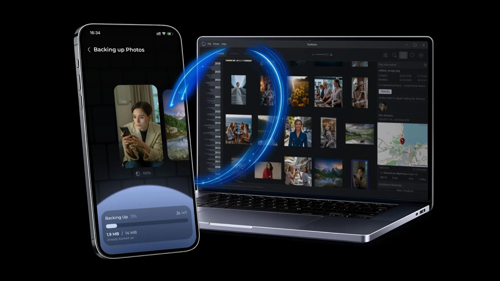 Sauvegarde de photos d'un iPhone vers un ordinateur avec TonfotosSync et Tonfotos