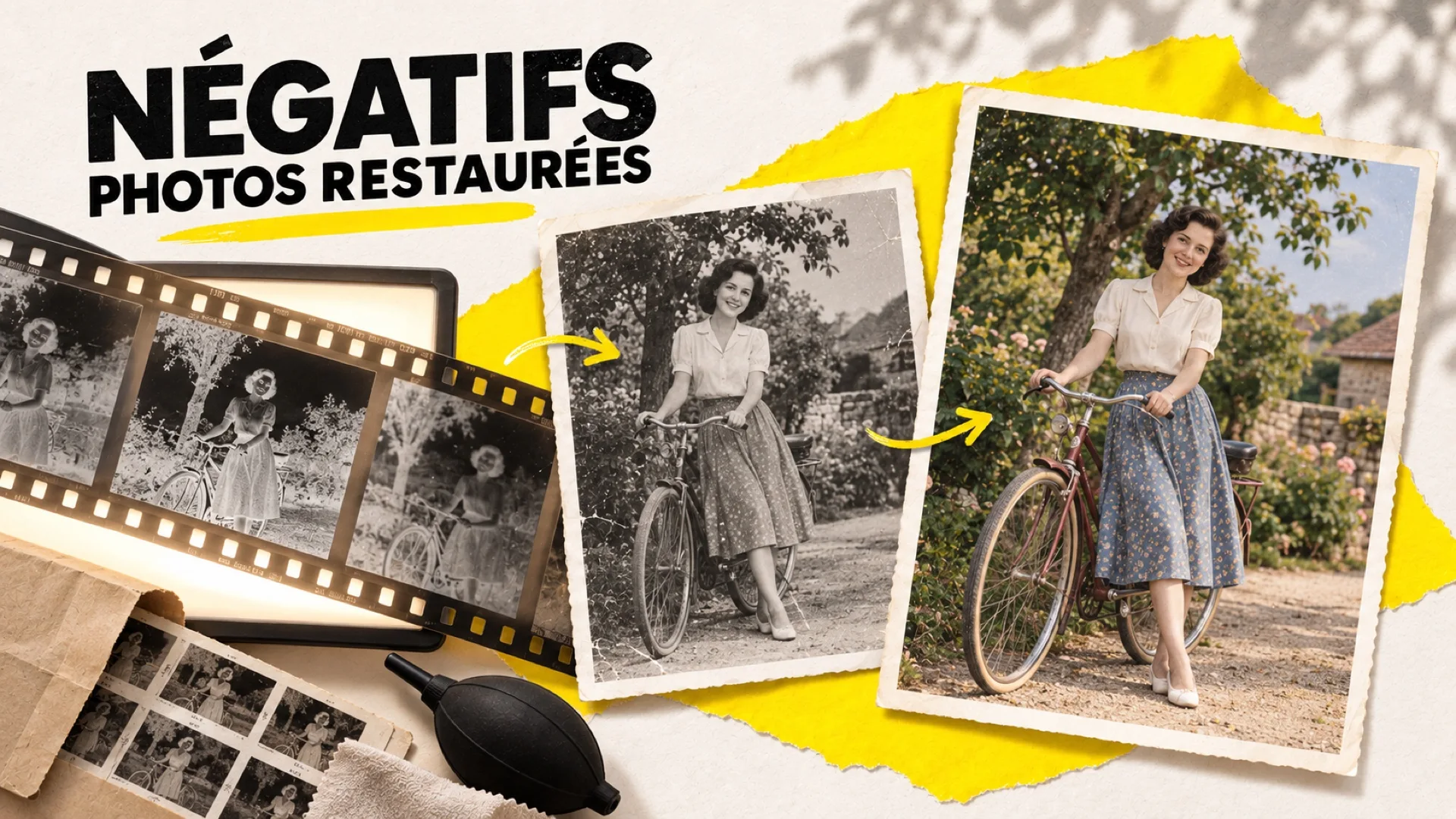 Bande de négatifs sur une table lumineuse, puis la même photo d'une femme à vélo en noir et blanc et en couleurs : de vieux négatifs transformés en photos restaurées
